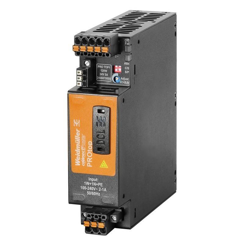 Ein schwarzes und orangefarbenes Weidmüller PROtop Netzteilgerät, gekennzeichnet mit den Eingangsspezifikationen '100-240V~ 2.1A 50/60Hz'.