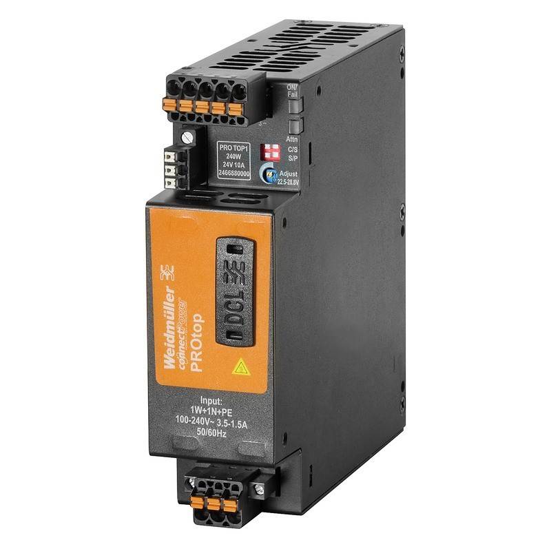 Ein Weidmüller PROtop Netzteil mit mehreren Anschlüssen und Etiketten, die Eingangsspezifikationen von 100-240V, 3,5-15A, 50-60Hz angeben.