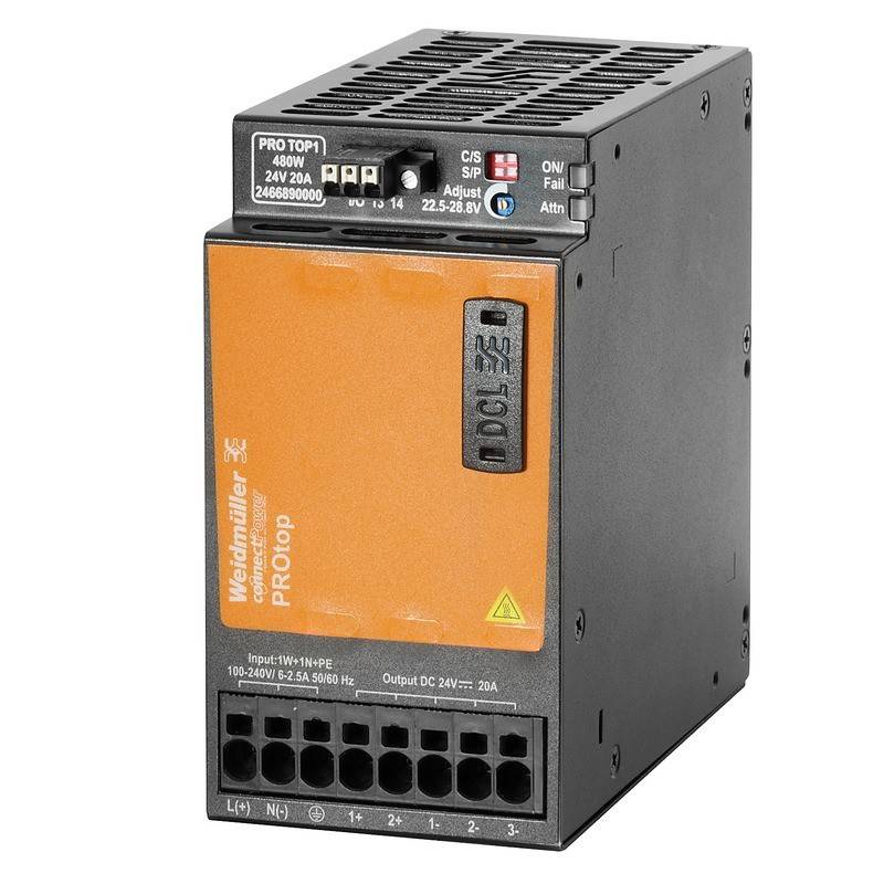 Orange und schwarze Weidmüller PROtop Stromversorgungseinheit mit Eingangs- und Ausgangsspezifikationen, die auf der Frontplatte sichtbar sind.
