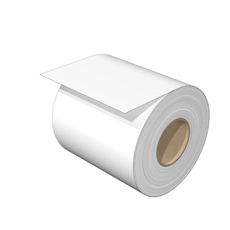 Eine große weiße Papierrolle mit einem sich von oben erstreckenden Papierbogen, die um einen braunen Pappkern gewickelt ist.