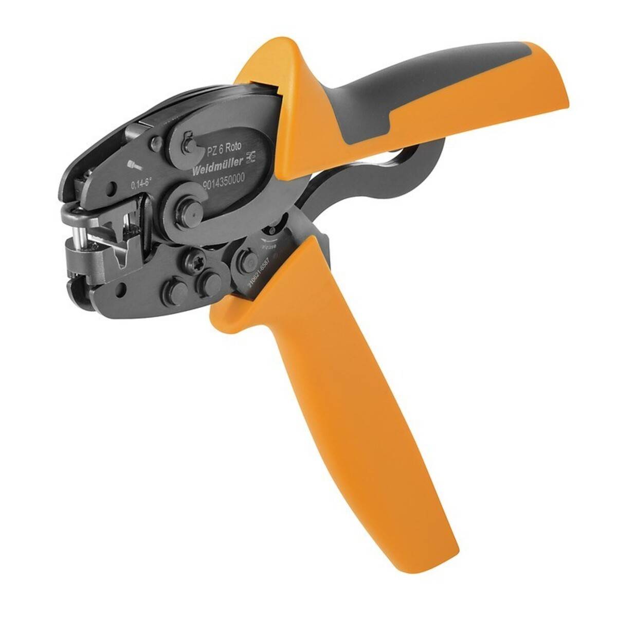 Ein orange-schwarzer Crimpzange, konzipiert für präzises Drahtcrimpen, ausgestattet mit ergonomischen Griffen und verstellbaren Backeneinstellungen.