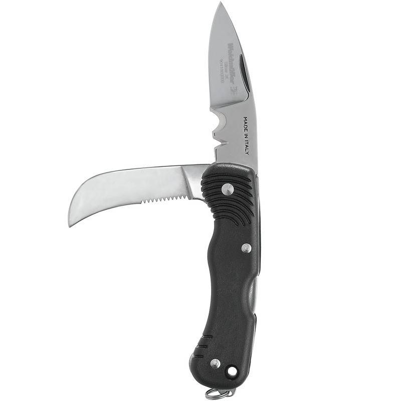 Ein multifunktionales Taschenmesser mit zwei Klingen, einer glatten und einer gezahnten, das für vielseitige Schneidaufgaben konzipiert ist.