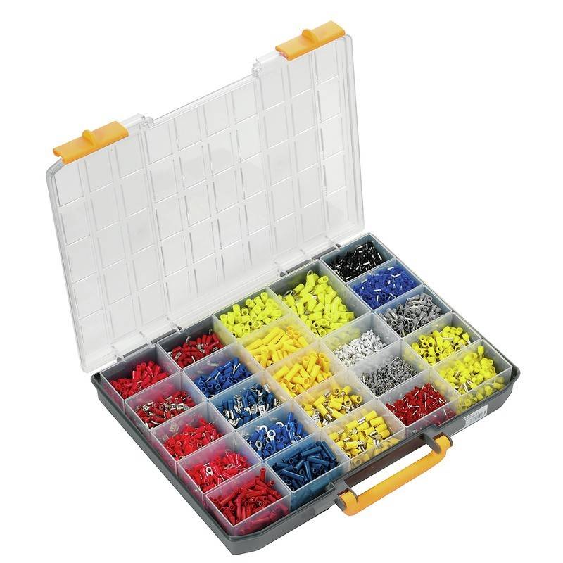 Eine offene Aufbewahrungsbox mit mehreren Fächern, die Drahtverbinder verschiedener Größen und Farben enthält, darunter rot, blau, gelb und grau.