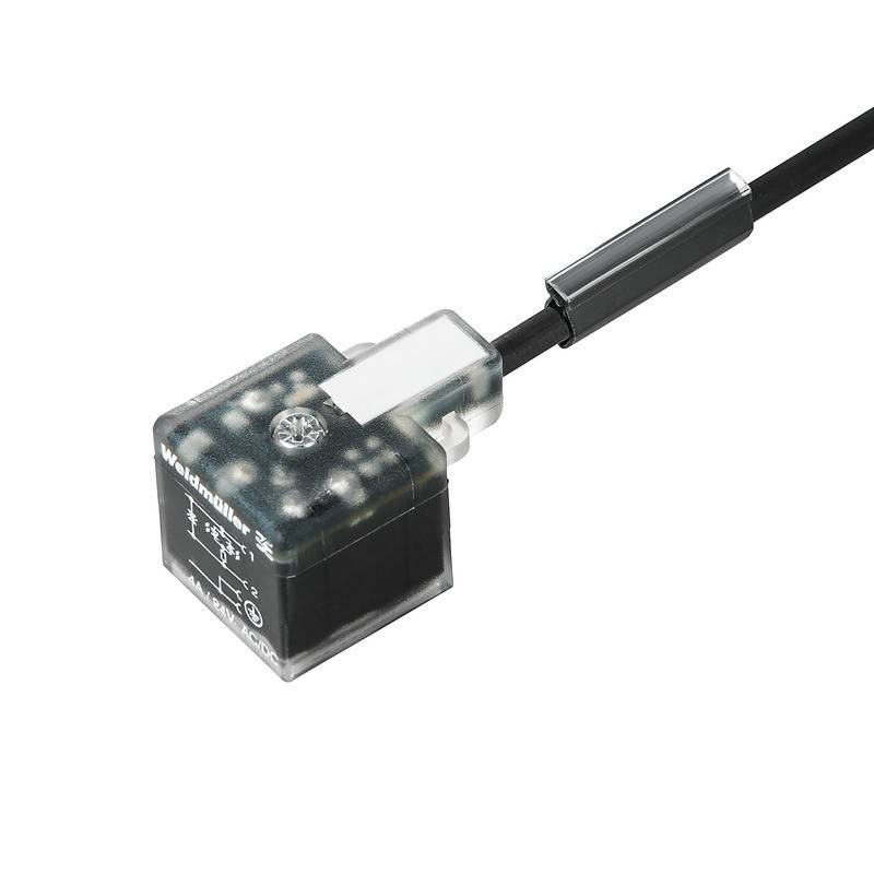 Ein transparenter elektrischer Anschluss mit einem schwarzen Kabel, der Innenkomponenten zeigt und mit Spannungs- und Firmenmarkierungen beschriftet ist.