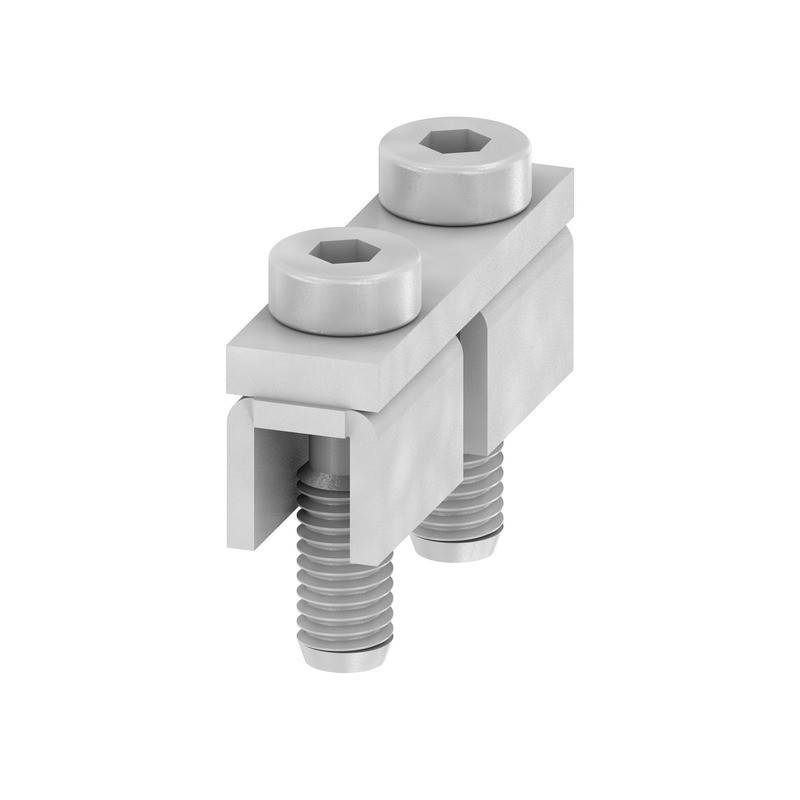 Ein grauer Metallverbinder mit zwei sechseckigen Kopfschrauben, der zum Zusammenhalten von zwei Komponenten entwickelt wurde.