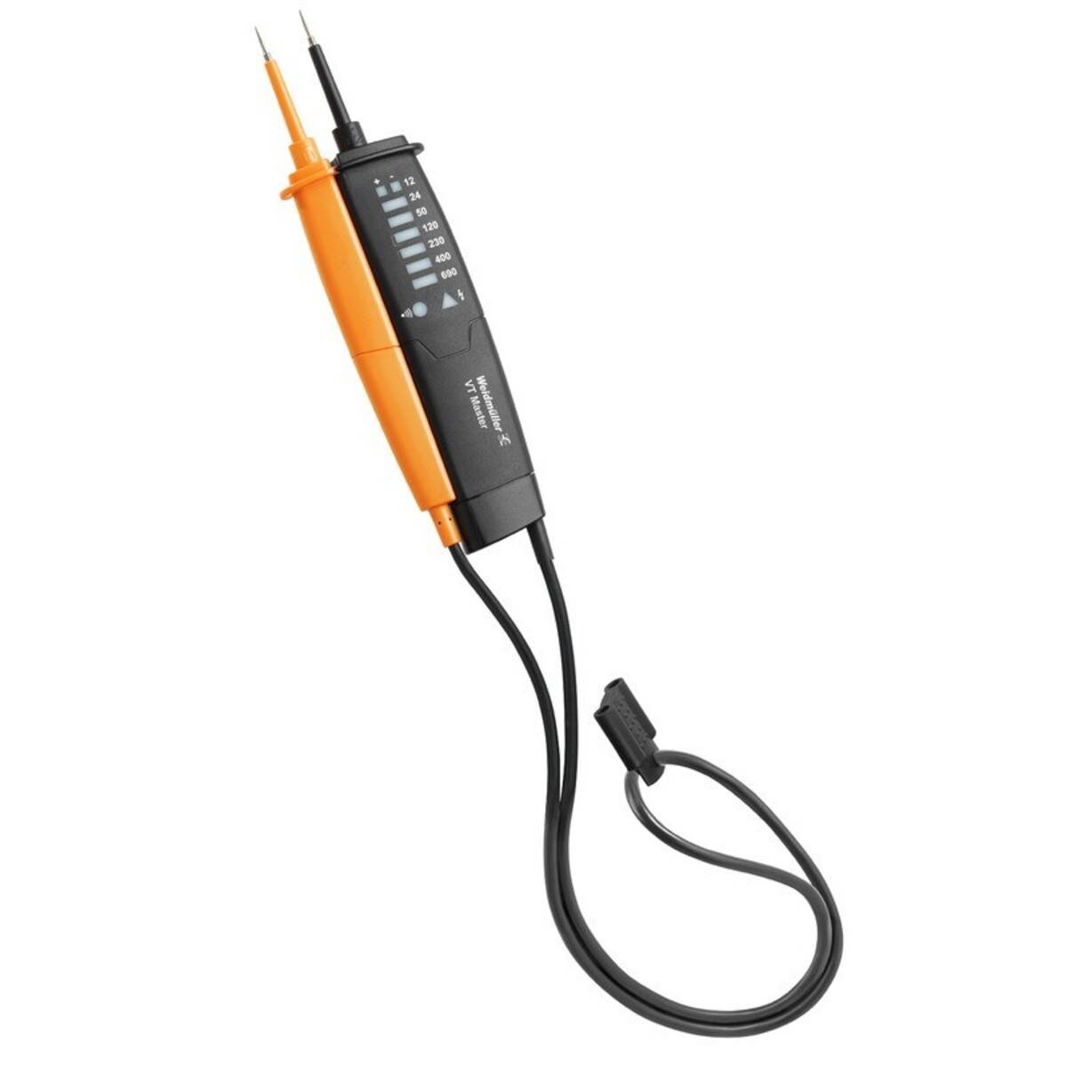 Ein digitales Spannungsprüfgerät mit orange und schwarzen Messspitzen, das Spannungswerte auf einem kleinen Display anzeigt und zur elektrischen Messung verwendet wird.