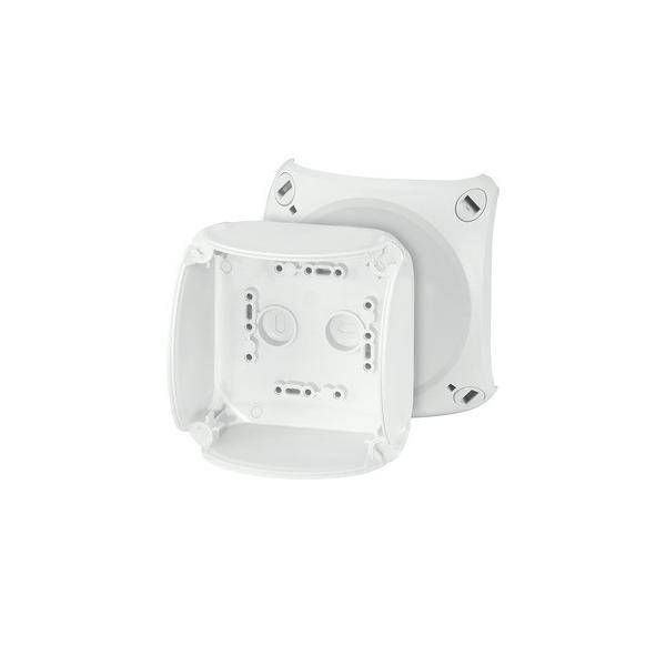 Eine weiße elektrische Verteilerdose mit Schutzdeckel, die Befestigungslöcher und Kabeleinführungspunkte zeigt und für verschiedene Installationen geeignet ist.