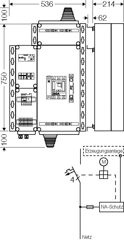 Elektrische Schaltzeichnung mit einem 250A-Leistungsschalter und Verdrahtungsanschlüssen für eine Stromerzeugungsanlage.