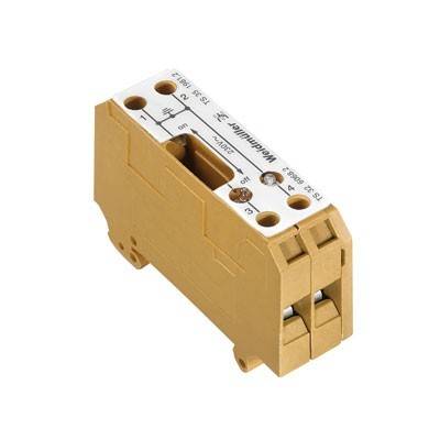 Ein gelbes, rechteckiges elektrisches Schaltungskomponente mit sichtbaren Schraubenklemmen an der Oberseite, beschriftet mit 'Weidmüller'.