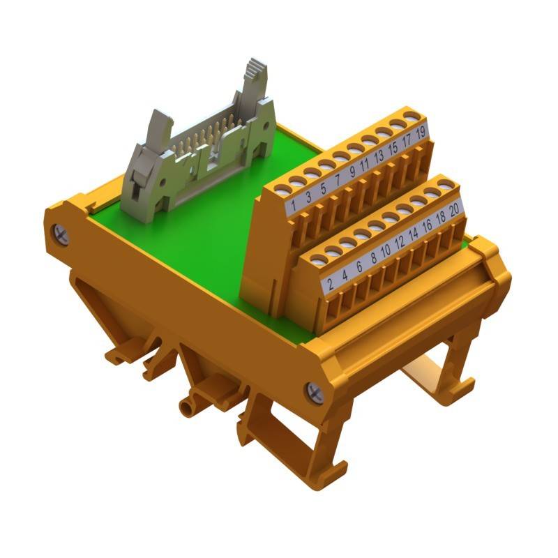 Ein orangefarbener Klemmenblock mit einer grünen Basis, ausgestattet mit nummerierten Anschlusspunkten von 1-20 und einer metallischen Komponente an der Oberseite für elektrische Verdrahtung.