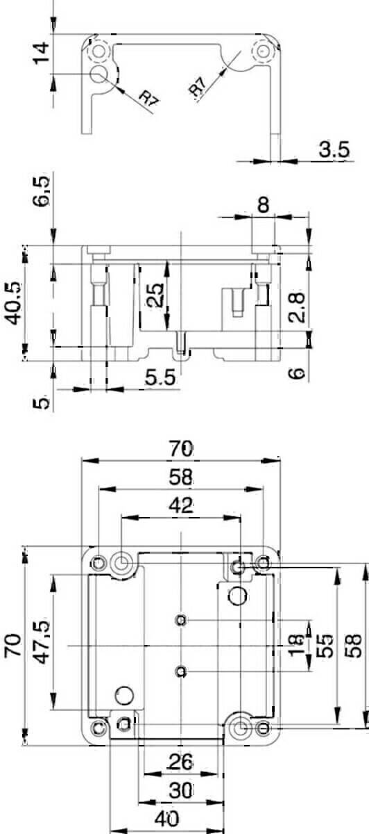 Technische Zeichnung eines mechanischen Bauteils mit Abmessungen: 40,5 x 70 x 6 mm. Detaillierte Maßangaben für Komponenten und Abstände sind dargestellt.