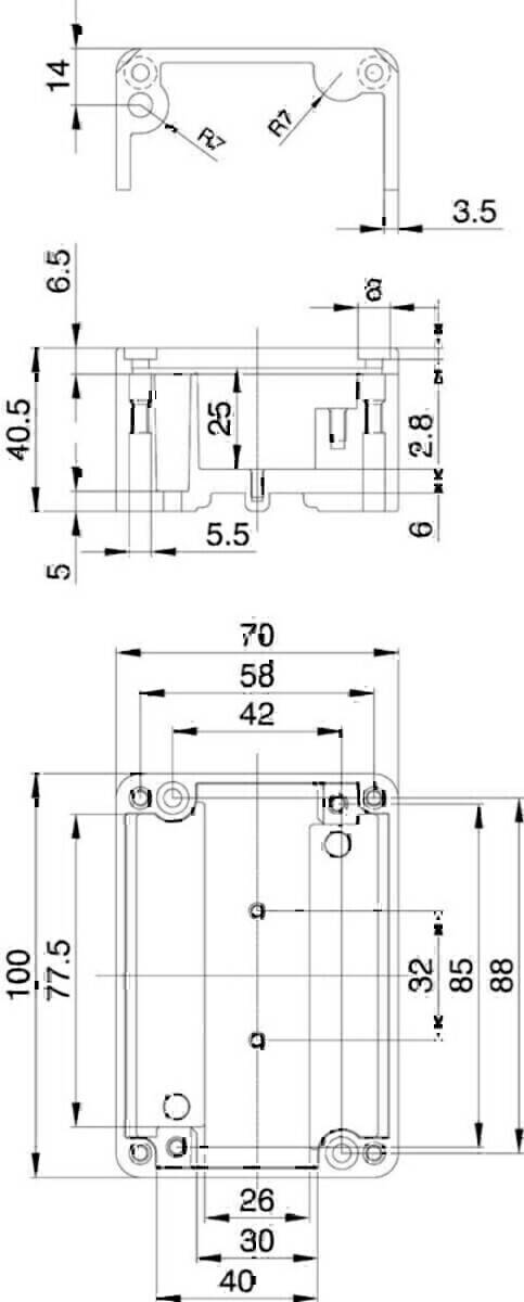 Technische Zeichnung mit Maßangaben für eine elektrische Komponente, die Abmessungen in Millimetern zeigt: 70x58 für die äußeren Kanten, 40,5 Höhe.