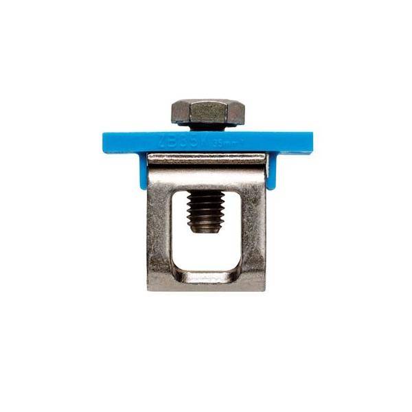 Ein Metallclip mit einer blauen Kunststoffabdeckung und einem zentralen Befestigungsbolzen, der zur Befestigung oder Montage verwendet wird.