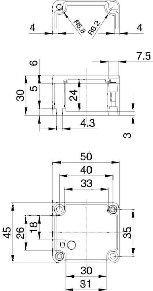 Technische Zeichnung einer Komponente mit Abmessungen: Oberer Abschnitt 30x24, Vorsprung 5x3, unterer Abschnitt 50x40 mit kleinen Kreisen an den Ecken.