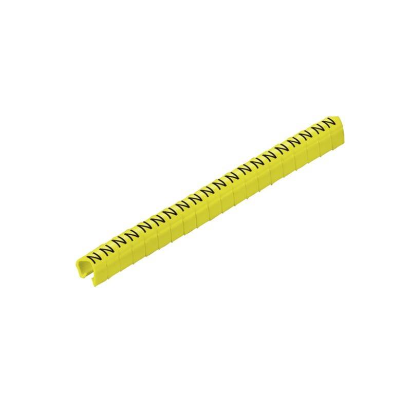 Ein gelber Spiralkabelmarker mit dem wiederholt aufgedruckten Buchstaben 'N', der zur Kennzeichnung von elektrischen Kabeln verwendet wird.