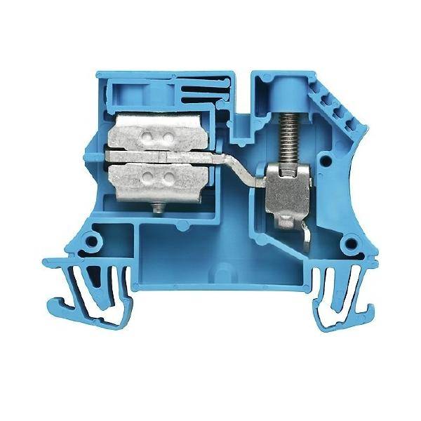 Ein blauer elektrischer Klemmenblock, der einen internen Metallverbinder und einen Federmechanismus zum Sichern von Drähten zeigt.