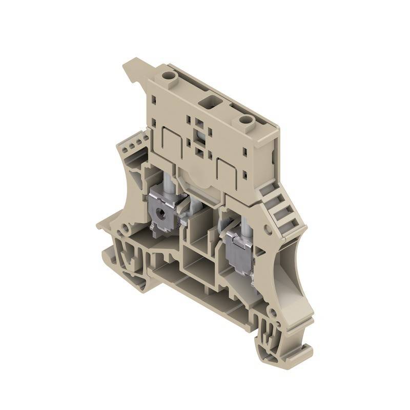 Ein beiger Anschlussblock für elektrische Verbindungen mit doppelten Schraubklemmen und einem kompakten, modularen Design, das sich für die Montage auf DIN-Schienen eignet.