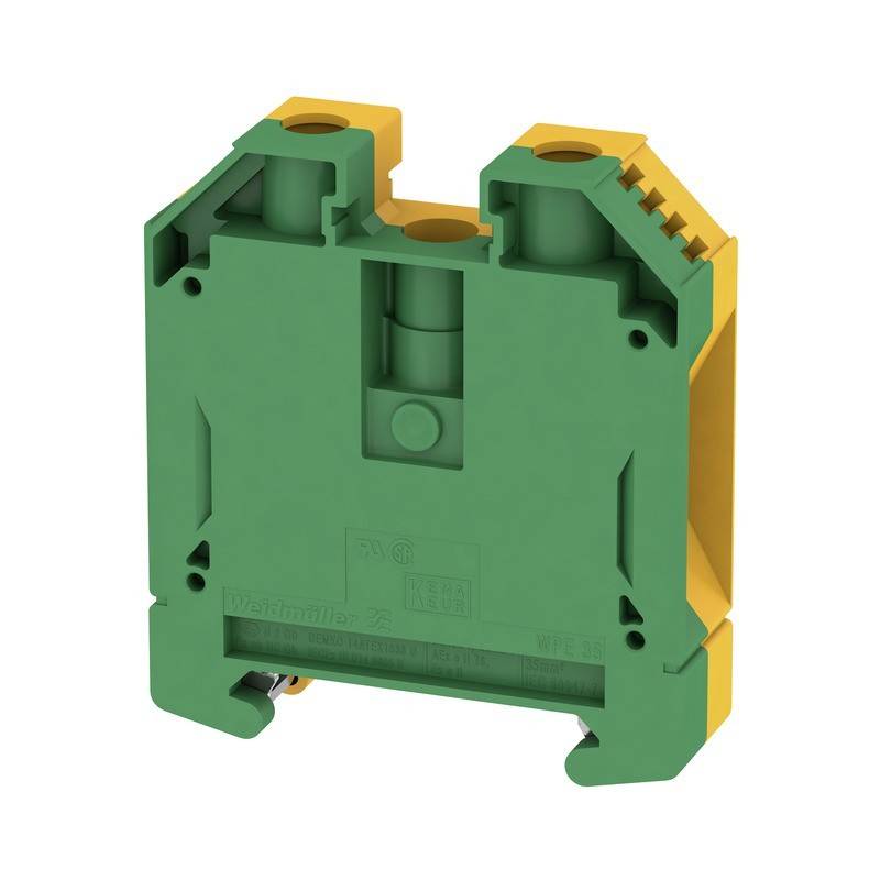 Ein grün-gelber Klemmenblock, der zum Anschluss elektrischer Schaltkreise verwendet wird, weist Anschlusspunkte und Markierungen zur Identifikation auf.