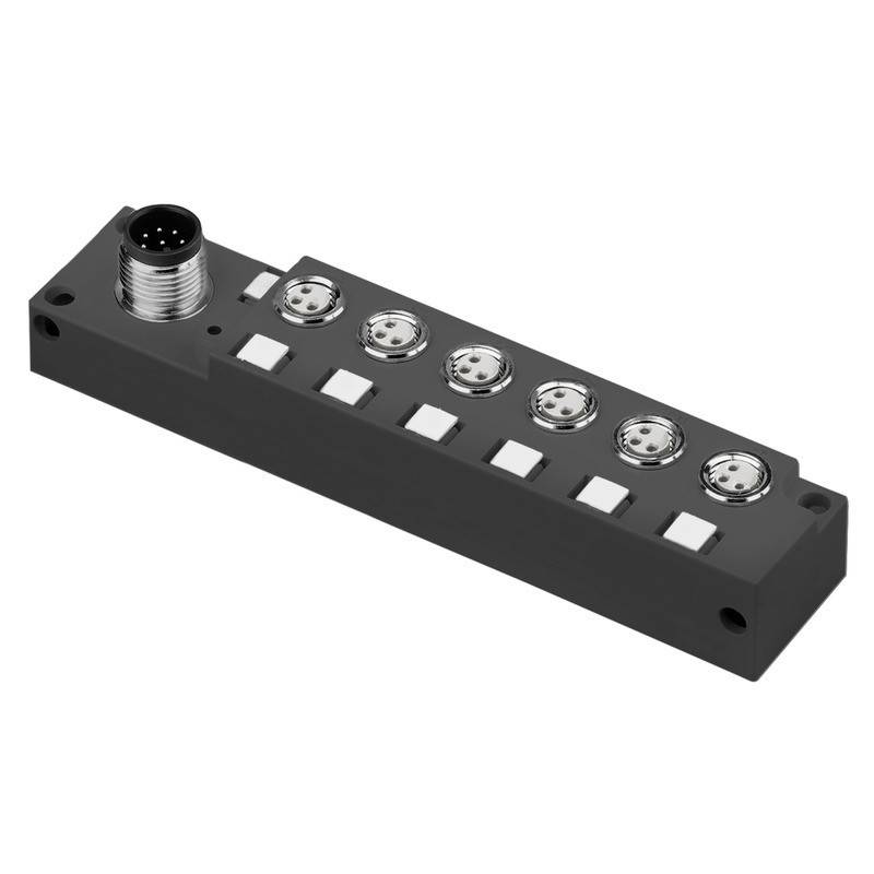 Eine schwarze elektronische Komponente mit sieben kreisförmigen Anschlüssen und einem einzelnen Anschluss an einem Ende, wahrscheinlich für industrielle oder technische Zwecke.