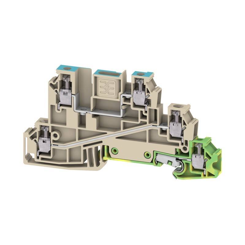 Ein beige-grüner Anschlussblock mit mehreren Anschlusspunkten, der zur Verwaltung elektrischer Schaltkreise verwendet wird.