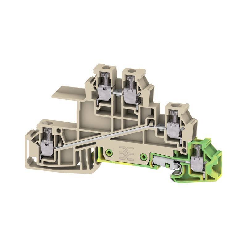 Ein beiger elektrischer Anschlussklemmenblock mit grauen Metallverbindern und grünem Erdungsabschnitt für Drahtverbindungen und sichere Montage.