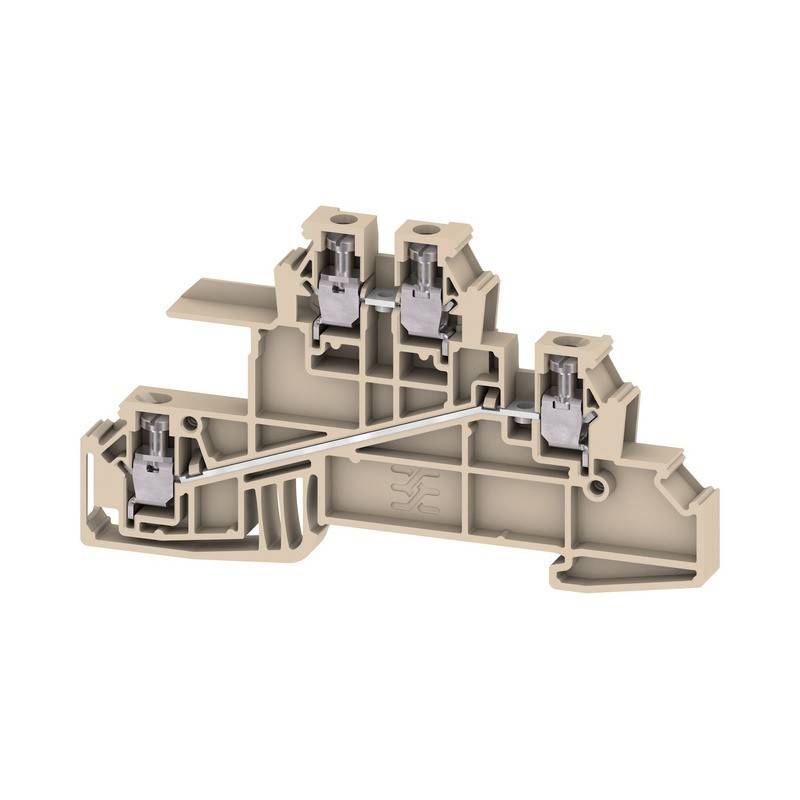 Ein beiger elektrischer Anschlussblock mit mehreren Anschlusspunkten und Metallklemmen, der zur Verteilung elektrischer Stromkreise verwendet wird.