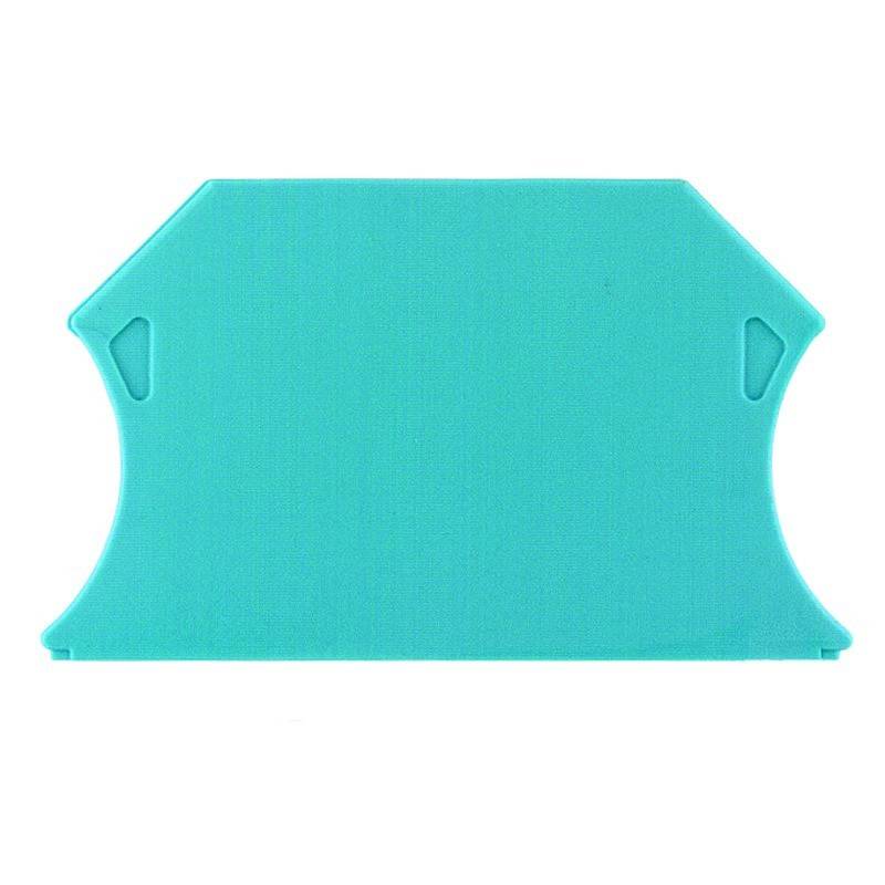 Ein türkisfarbenes Schneidebrett mit abgerundeten Kanten und eingebauten Griffen an jeder Seite.