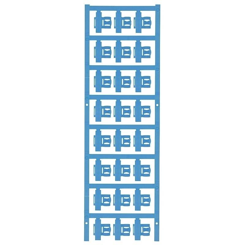 Eine vertikale Reihe von blauen Kunststoff-Montageklammern, die paarweise angeordnet sind und zum Organisieren oder Abstützen von Kabeln oder Komponenten verwendet werden.