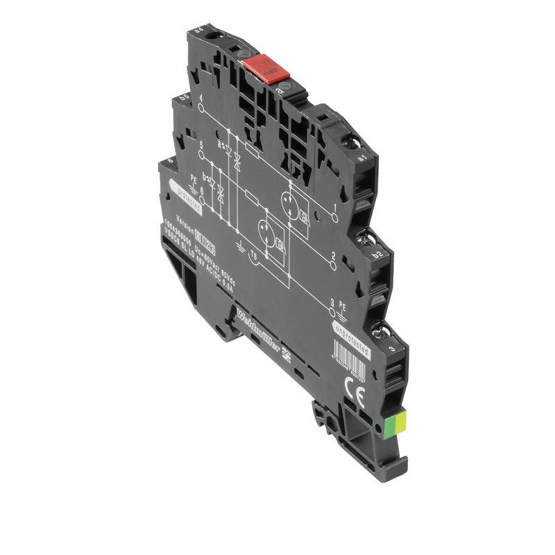 Phoenix Contact Relais-Modul; schwarz, schlankes Design, mit auf der Seite gedrucktem Schaltschema; verfügt über rote und grüne Betätigungsschalter.