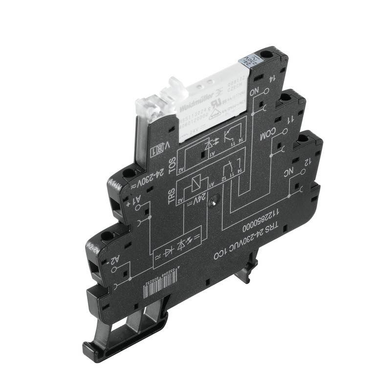 Ein schwarzes Relaismodul mit beschrifteten Anschlüssen für elektrische Verbindungen, das weiße Schaltkreisdiagramme und Halterungsstifte zeigt.