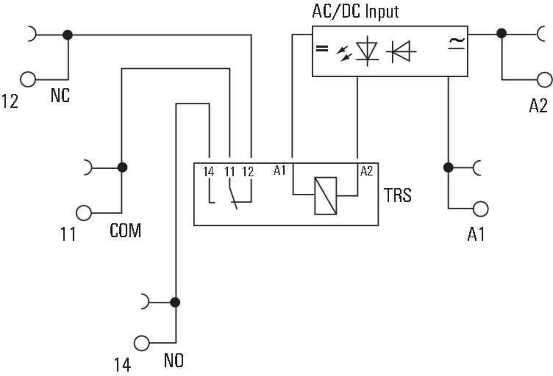 Schematische Darstellung der Relaisverbindungen. COM verbindet sich mit NO und der Klemmenleiste TRS verbindet sich mit dem AC/DC-Eingang, beschriftet mit 14, 11, 12, A1, A2.