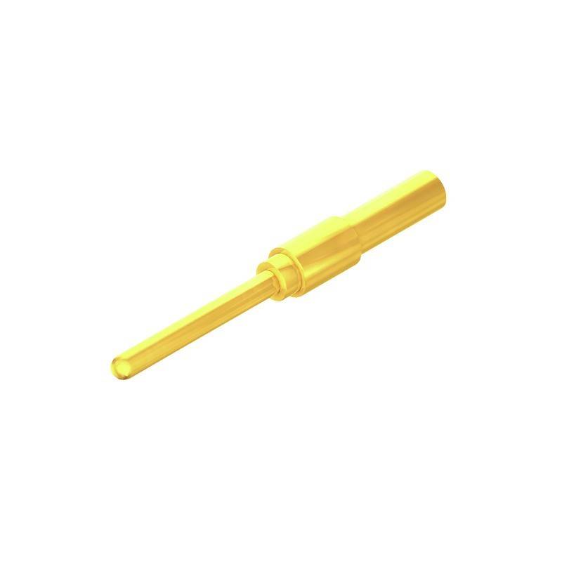 Ein Nahaufnahmebild eines vergoldeten elektrischen Anschlusspins, zylindrisch geformt, der zur Herstellung sicherer elektrischer Verbindungen verwendet wird.