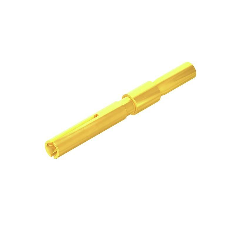 Ein gelber Metallverbinder mit zylindrischer Form und einer glatten, polierten Oberfläche, der in elektronischen oder mechanischen Baugruppen verwendet wird.
