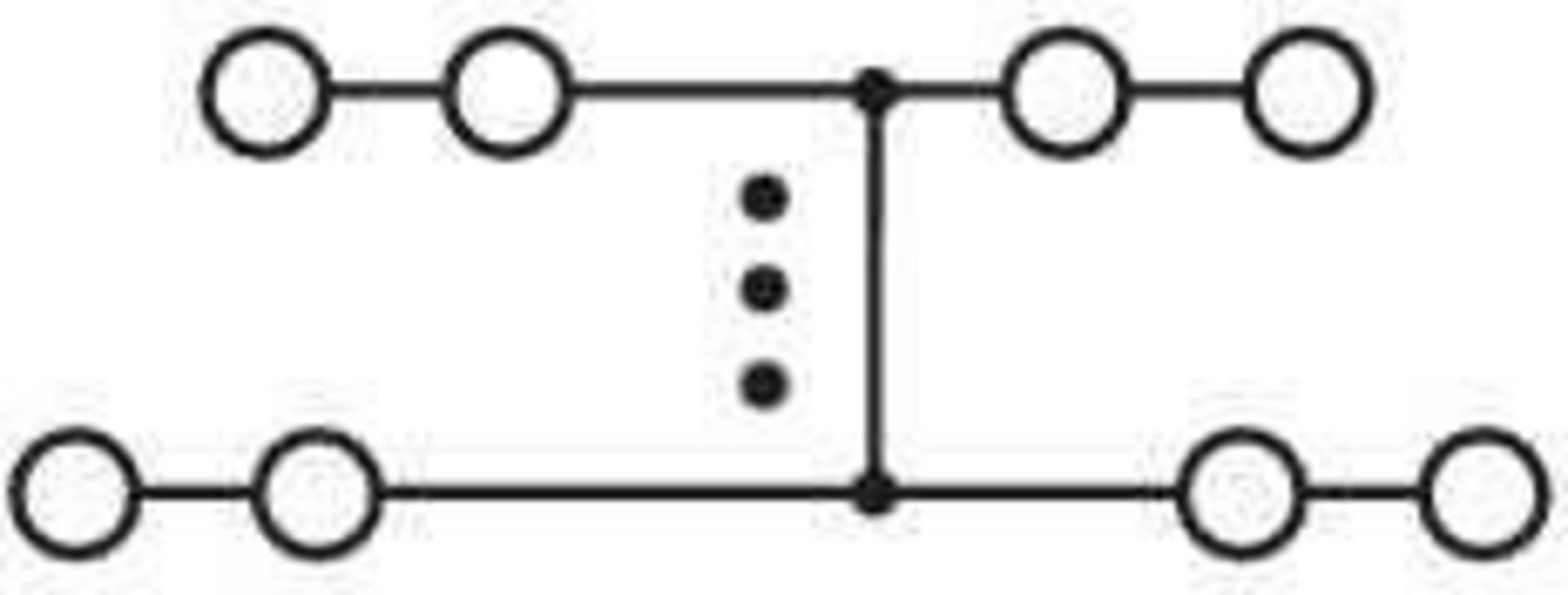 Diagramm eines Entscheidungsbaums oder Flussdiagrammsegments mit drei kreisförmigen Knoten, die durch Linien verbunden sind, einer auf der linken Seite, einer auf der rechten Seite und vertikalen Auslassungspunkten in der Mitte, die weitere Schritte andeuten.