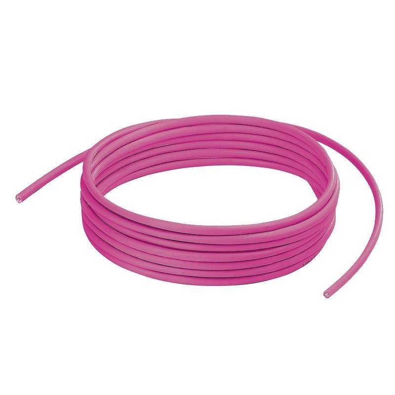 Ein gewickelter rosa Schlauch mit einem nach außen gestreckten Ende.