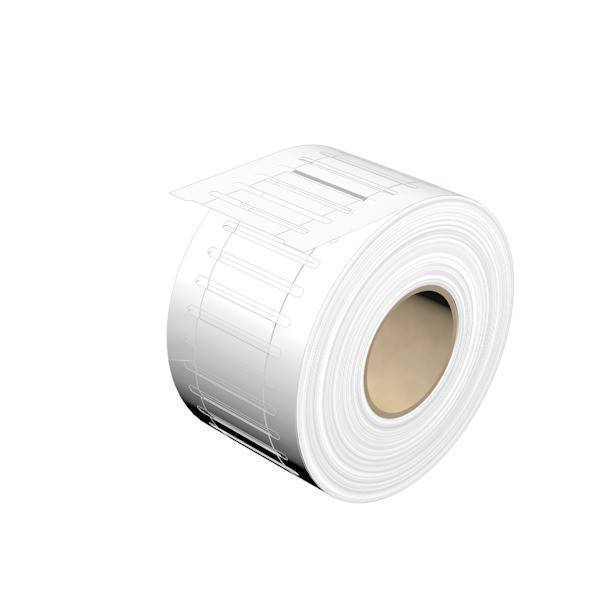 Rolle von weißen Etiketten, teilweise transparent, die einzelne rechteckige Abschnitte mit Perforationen zum einfachen Abtrennen zeigt.