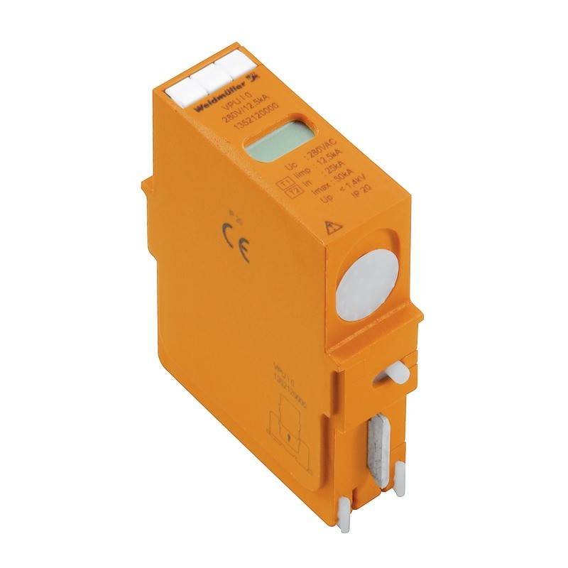 Orange elektrisches Relaismodul mit Text und Symbolen auf der Oberfläche, einschließlich Spannungsspezifikationen und Konformitätszeichen.