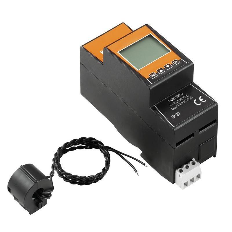 Digitaler programmierbarer Timer mit LCD-Bildschirm, Einstellungstasten und angeschlossenem gewundenem Sensorkabel, entwickelt zur Überwachung elektrischer Geräte.