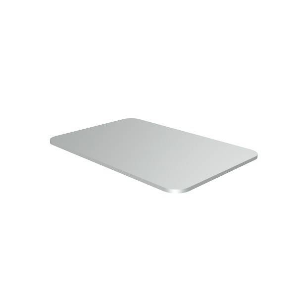 Ein rechteckiges, metallisches Laptop-Trackpad mit abgerundeten Kanten, isoliert auf einem weißen Hintergrund.