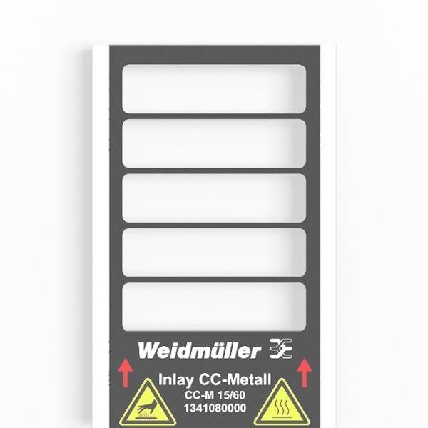 Beschriftungsblatt von Weidmüller mit sechs Einschubplätzen, versehen mit Sicherheitssymbolen für elektrische Gefährdung und heiße Oberflächen.