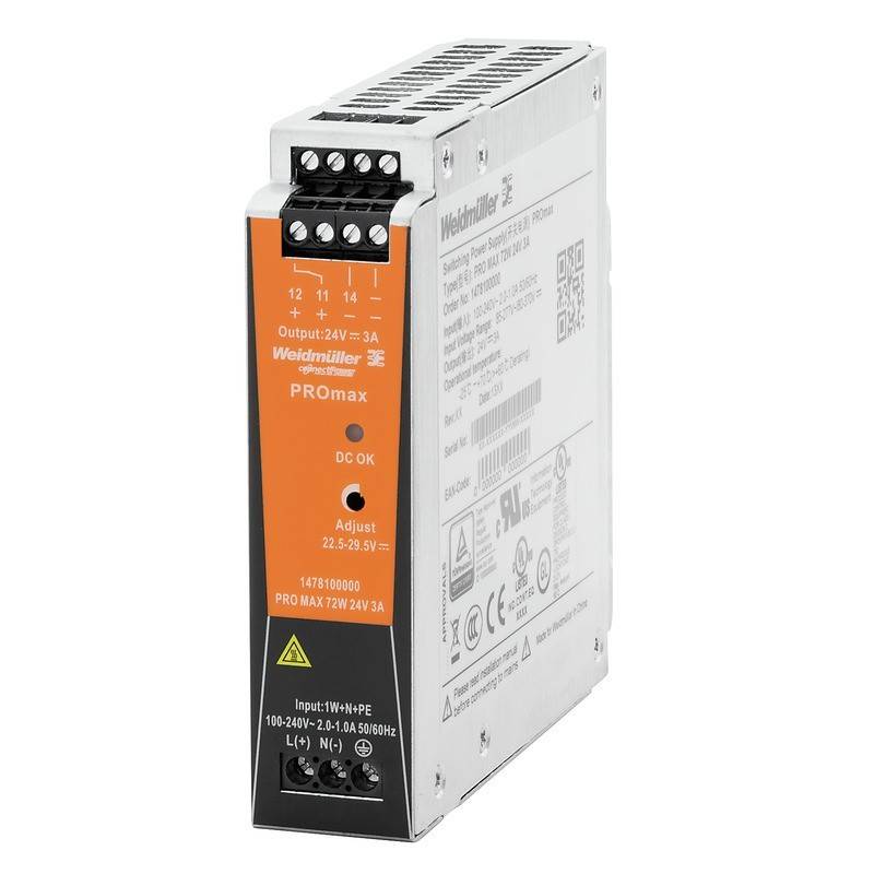 Weidmüller PROmax Netzteil, Modellnummer 1478120000, bietet einstellbare Ausgangsspannung von 24V/3A. Kompaktes Design mit mehreren Anschlusspunkten.