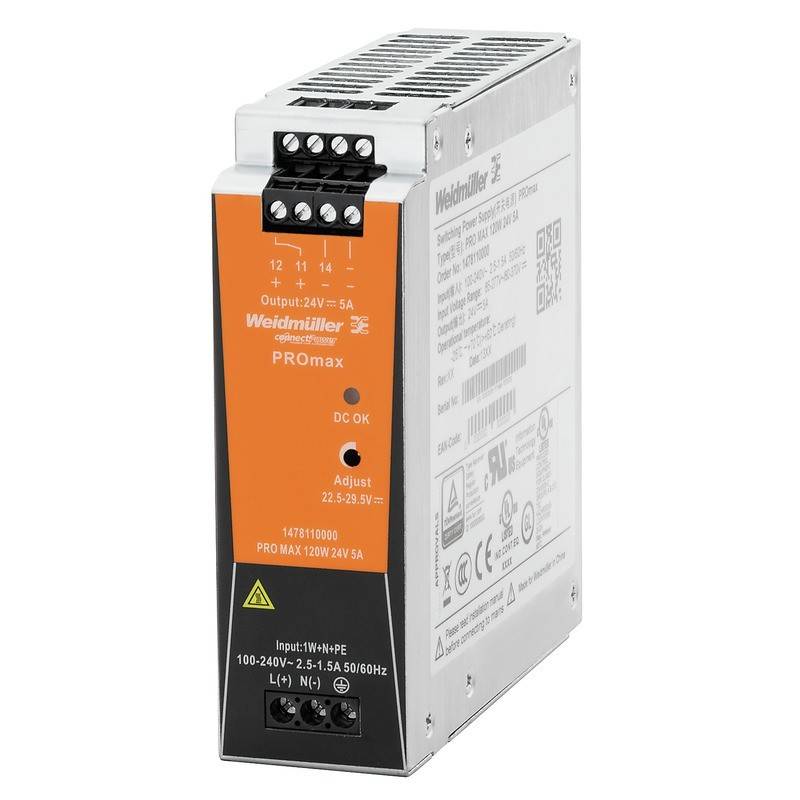 Industrielles Netzteil mit 'Weidmüller PROmax 120W 24V 5A' Beschriftung, das Ausgangsklemmen und Spezifikationen auf einem orangefarbenen Panel zeigt.