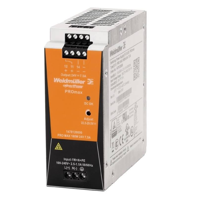 Ein Weidmüller PROmax Netzteil mit folgenden Spezifikationen: Ausgang 24V, 7,5A, Eingang 100-240V, einstellbare Spannung 24-28,8V.
