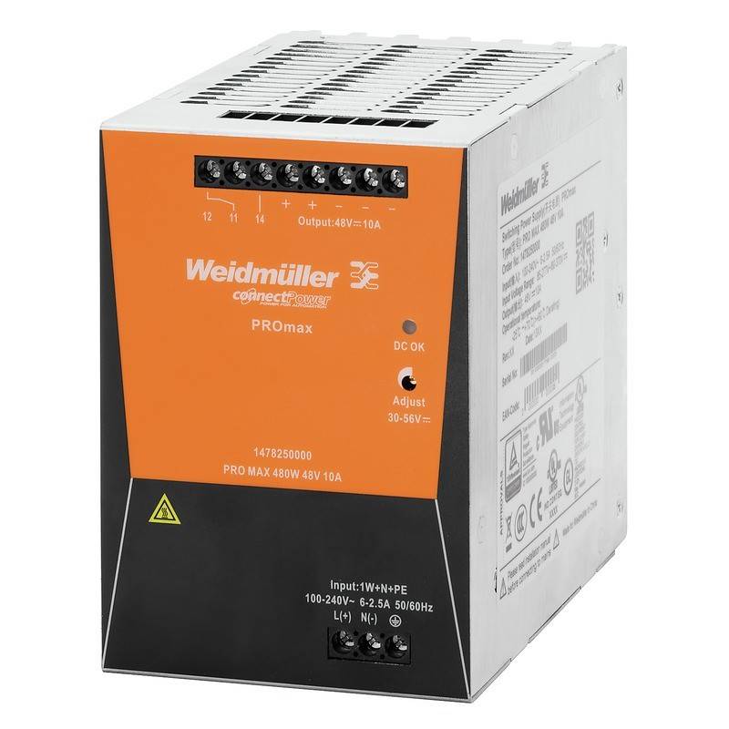 Weidmüller PROmax Netzteil, Ausgang: 48V/10A, Produktcode: 1478250000, Eingang: 100-240V, 6,2A, 50/60Hz, hohe Leistung und Effizienz.