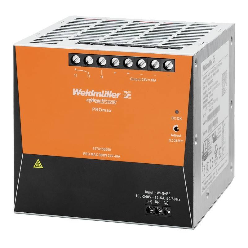 Weidmüller PROmax 108W Netzteil, mit 24V/4,5A Ausgang, Eingangsspannungsbereich 100-240V, inklusive Spannungseinstellungsrad und Statusanzeigen.