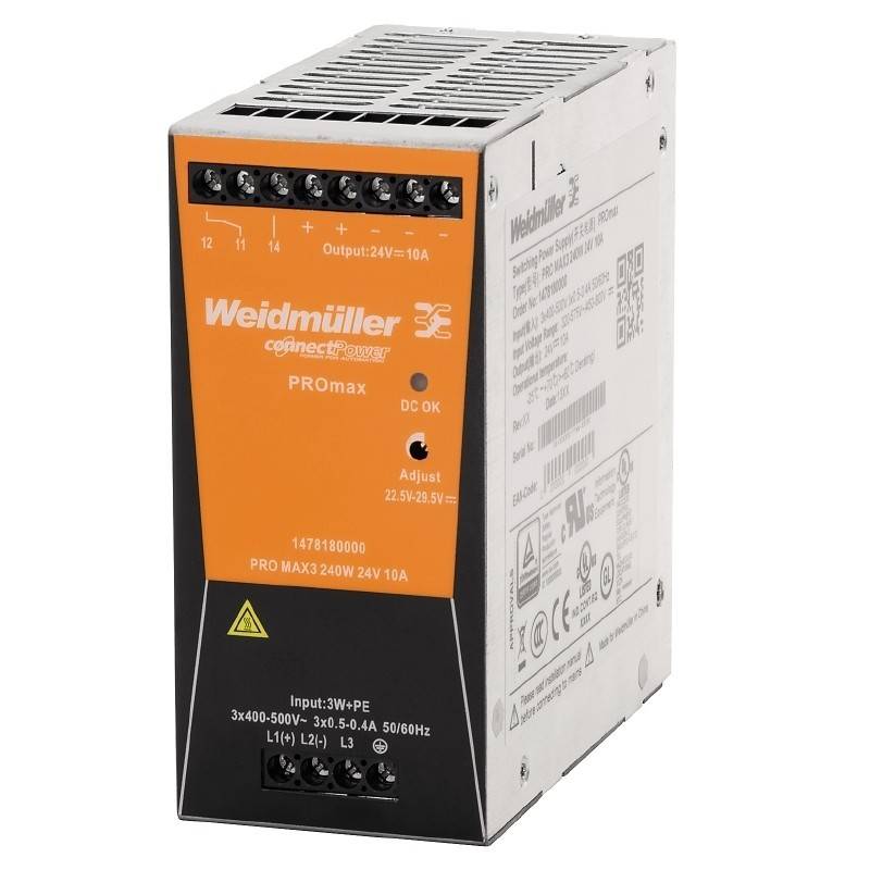 Eine Stromversorgungseinheit mit der Bezeichnung 'Weidmüller PROmax'. Liefert Ausgangsspannung 24V/10A. Merkmale umfassen Eingangsspannungsbereich 3x400-500V, 240W Leistung, verschiedene Zertifizierungen.