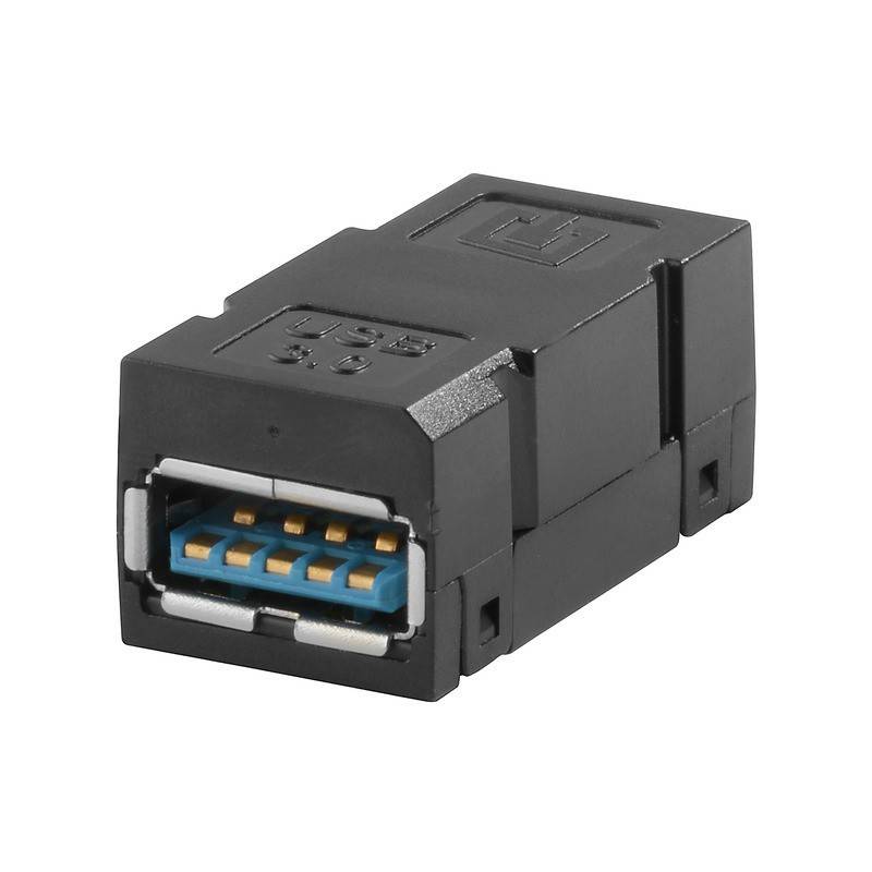 Ein schwarzer USB 3.0-Adapter wird gezeigt, mit einem rechteckigen Gehäuse und blauem Anschlusseingang, der zum Anschluss von USB-Geräten verwendet wird.