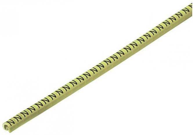 Ein gelber flexibler Schlauch oder Stab mit sich wiederholenden schwarzen Markierungen, diagonal auf weißem Hintergrund dargestellt.