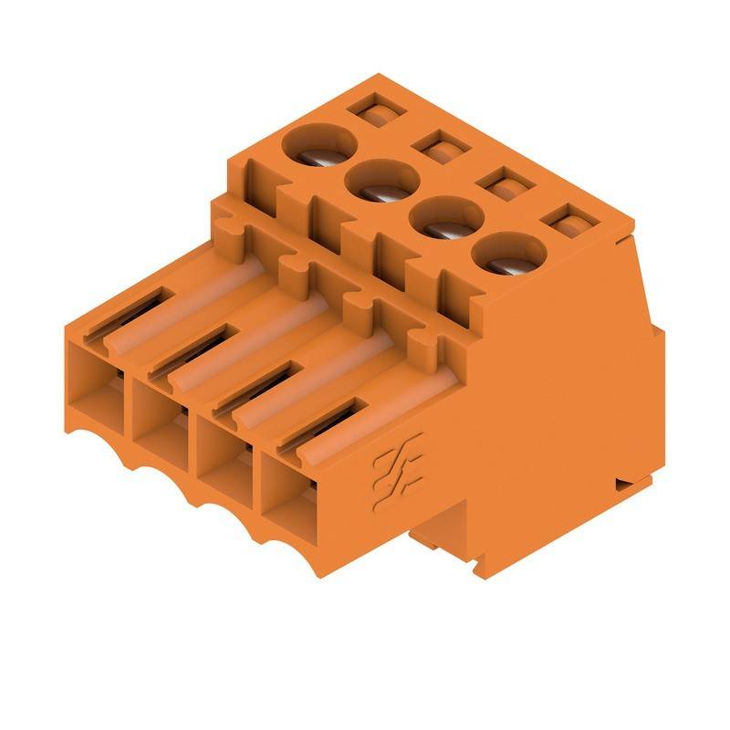 Orangefarbener modularer Klemmblock für Schaltkreisverbindungen, mit mehreren Steckplätzen zum Sichern von Leitungen, verwendet in elektrischen Installationen.