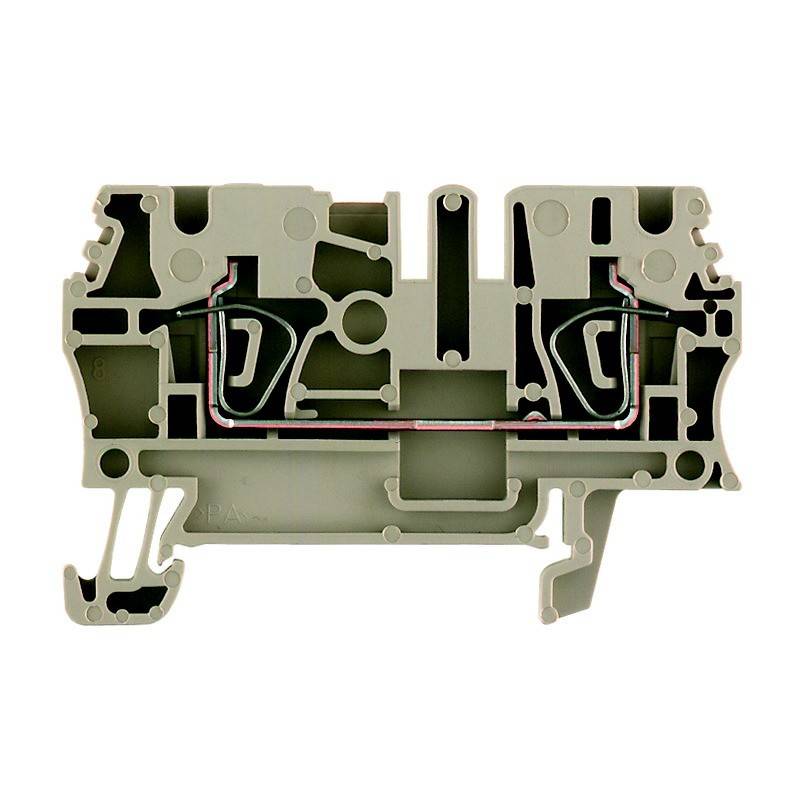 Ein Querschnitt eines grauen elektrischen Klemmblocks, der die internen Kanäle und Verbindungen für Verkabelung und Schaltkreise zeigt.